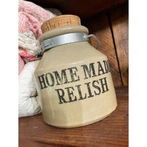Vintage primitive Americana homemade relish crock pot pottery label rare cork